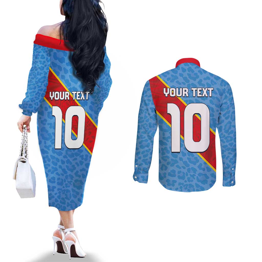 Custom DR Congo National Football Couples Matching Off The Shoulder Long Sleeve Dress and Long Sleeve Button Shirt Leopards Power - Wonder Print Shop