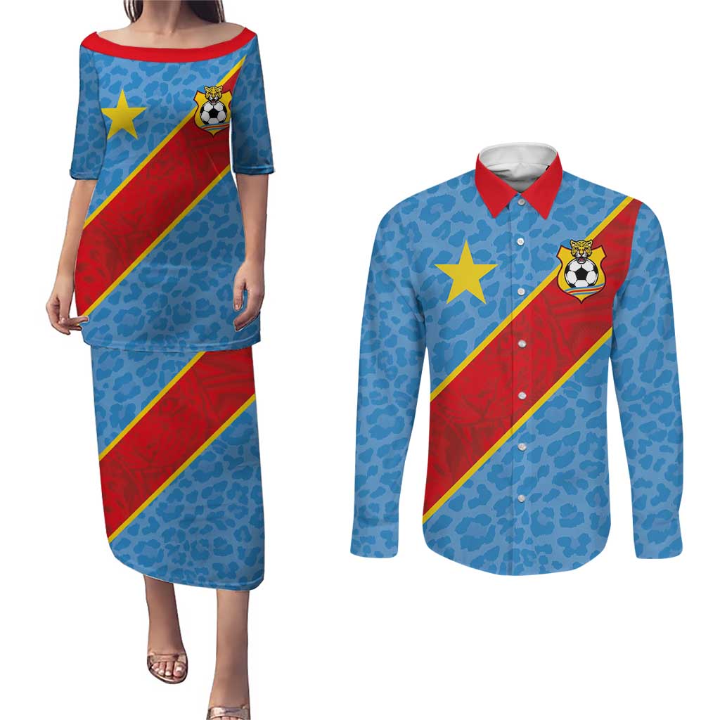 Custom DR Congo National Football Couples Matching Puletasi and Long Sleeve Button Shirt Leopards Power - Wonder Print Shop