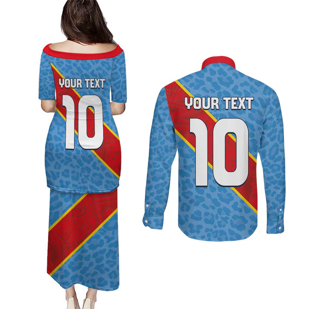 Custom DR Congo National Football Couples Matching Puletasi and Long Sleeve Button Shirt Leopards Power - Wonder Print Shop