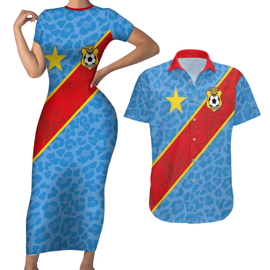 Custom DR Congo National Football Couples Matching Short Sleeve Bodycon Dress and Hawaiian Shirt Leopards Power - Wonder Print Shop