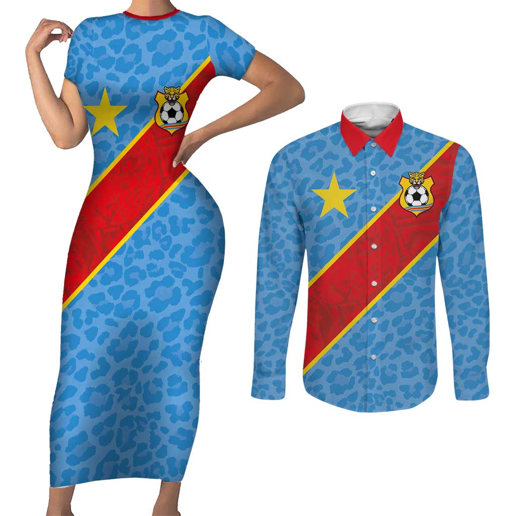Custom DR Congo National Football Couples Matching Short Sleeve Bodycon Dress and Long Sleeve Button Shirt Leopards Power - Wonder Print Shop