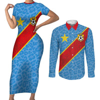 Custom DR Congo National Football Couples Matching Short Sleeve Bodycon Dress and Long Sleeve Button Shirt Leopards Power - Wonder Print Shop