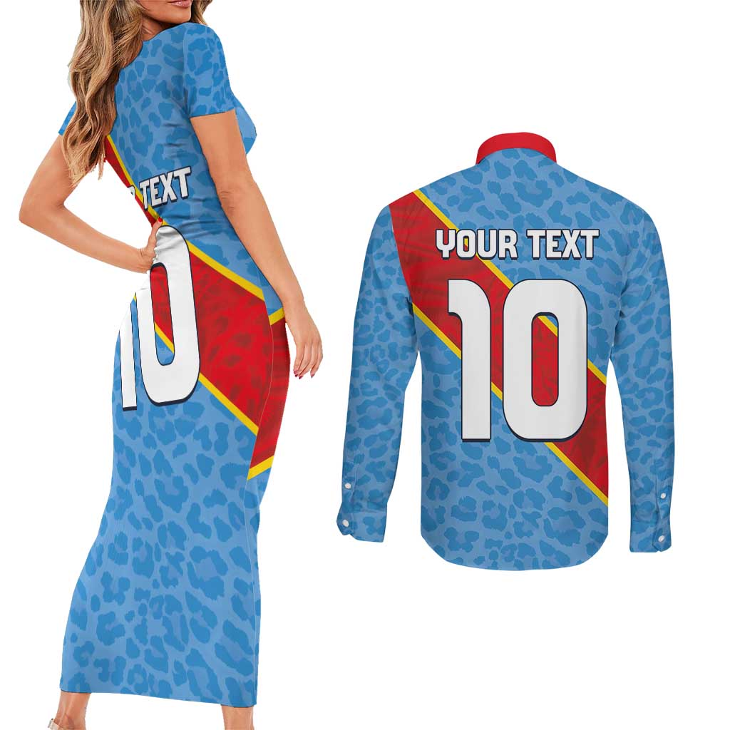 Custom DR Congo National Football Couples Matching Short Sleeve Bodycon Dress and Long Sleeve Button Shirt Leopards Power - Wonder Print Shop