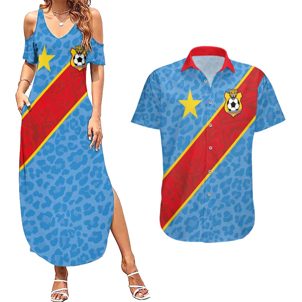 Custom DR Congo National Football Couples Matching Summer Maxi Dress and Hawaiian Shirt Leopards Power - Wonder Print Shop