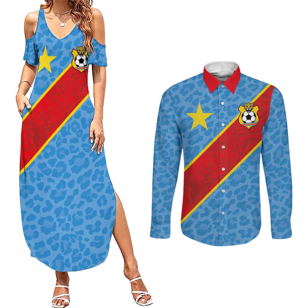 Custom DR Congo National Football Couples Matching Summer Maxi Dress and Long Sleeve Button Shirt Leopards Power - Wonder Print Shop