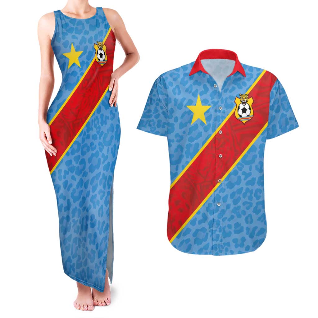 Custom DR Congo National Football Couples Matching Tank Maxi Dress and Hawaiian Shirt Leopards Power - Wonder Print Shop