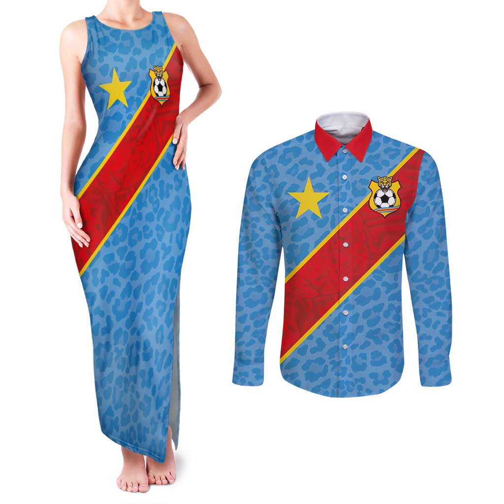 Custom DR Congo National Football Couples Matching Tank Maxi Dress and Long Sleeve Button Shirt Leopards Power - Wonder Print Shop