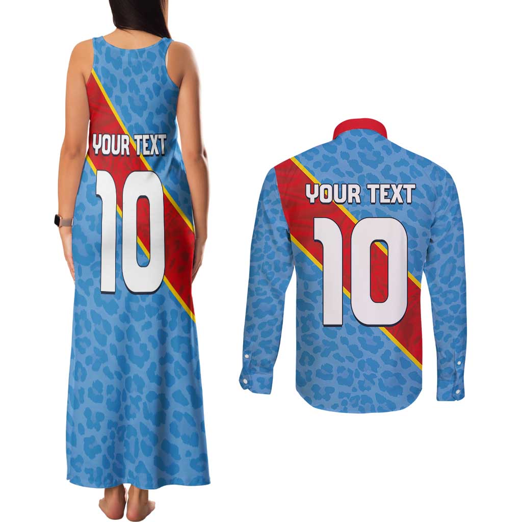 Custom DR Congo National Football Couples Matching Tank Maxi Dress and Long Sleeve Button Shirt Leopards Power - Wonder Print Shop