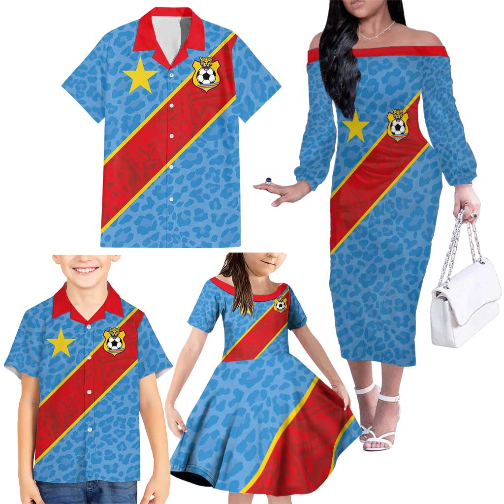 Custom DR Congo National Football Family Matching Off The Shoulder Long Sleeve Dress and Hawaiian Shirt Leopards Power - Wonder Print Shop