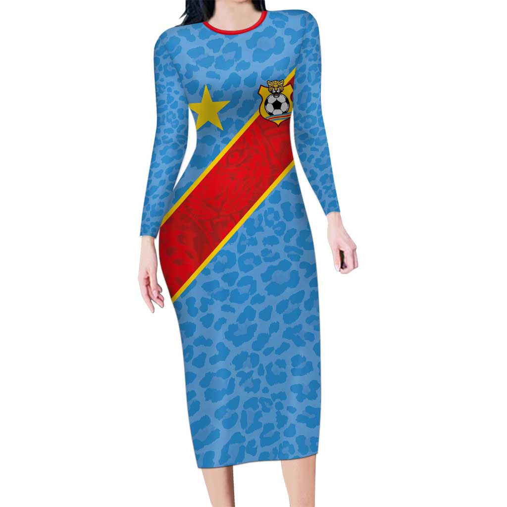 Custom DR Congo National Football Long Sleeve Bodycon Dress Leopards Power - Wonder Print Shop