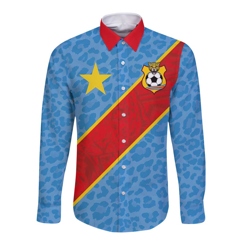 Custom DR Congo National Football Long Sleeve Button Shirt Leopards Power - Wonder Print Shop