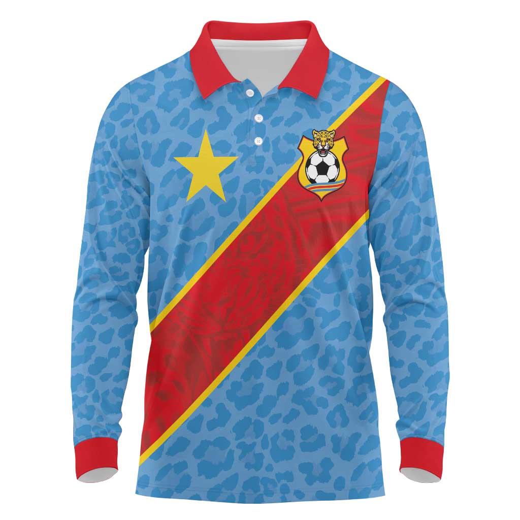 Custom DR Congo National Football Long Sleeve Polo Shirt Leopards Power - Wonder Print Shop