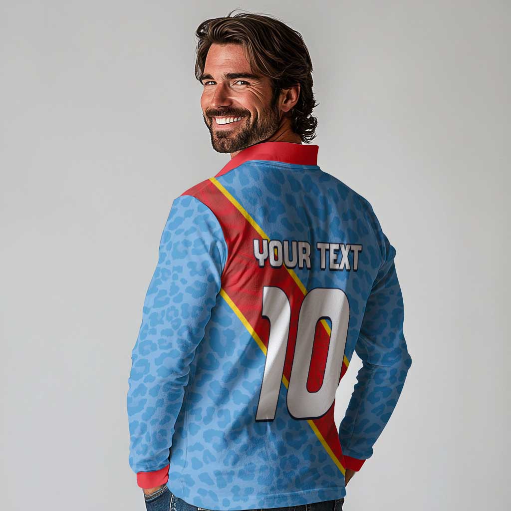 Custom DR Congo National Football Long Sleeve Polo Shirt Leopards Power - Wonder Print Shop
