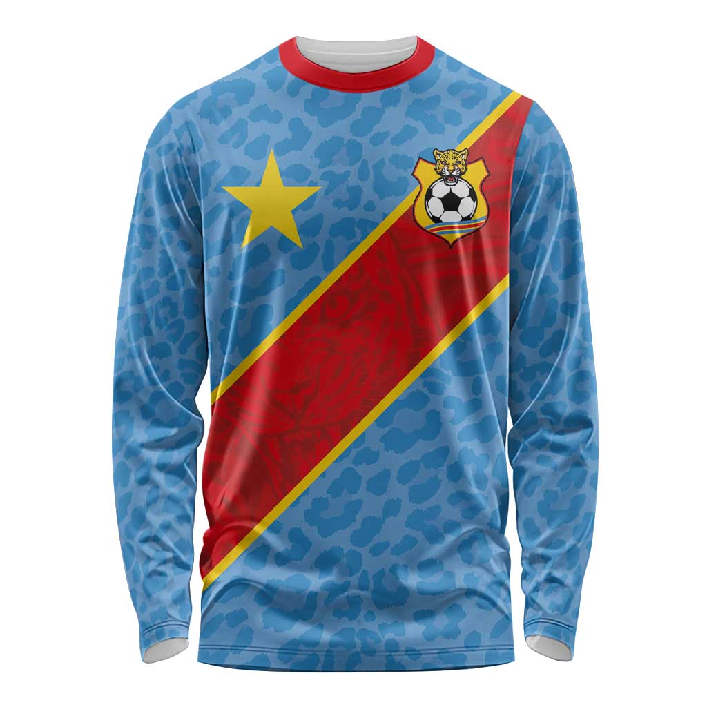 Custom DR Congo National Football Long Sleeve Shirt Leopards Power - Wonder Print Shop