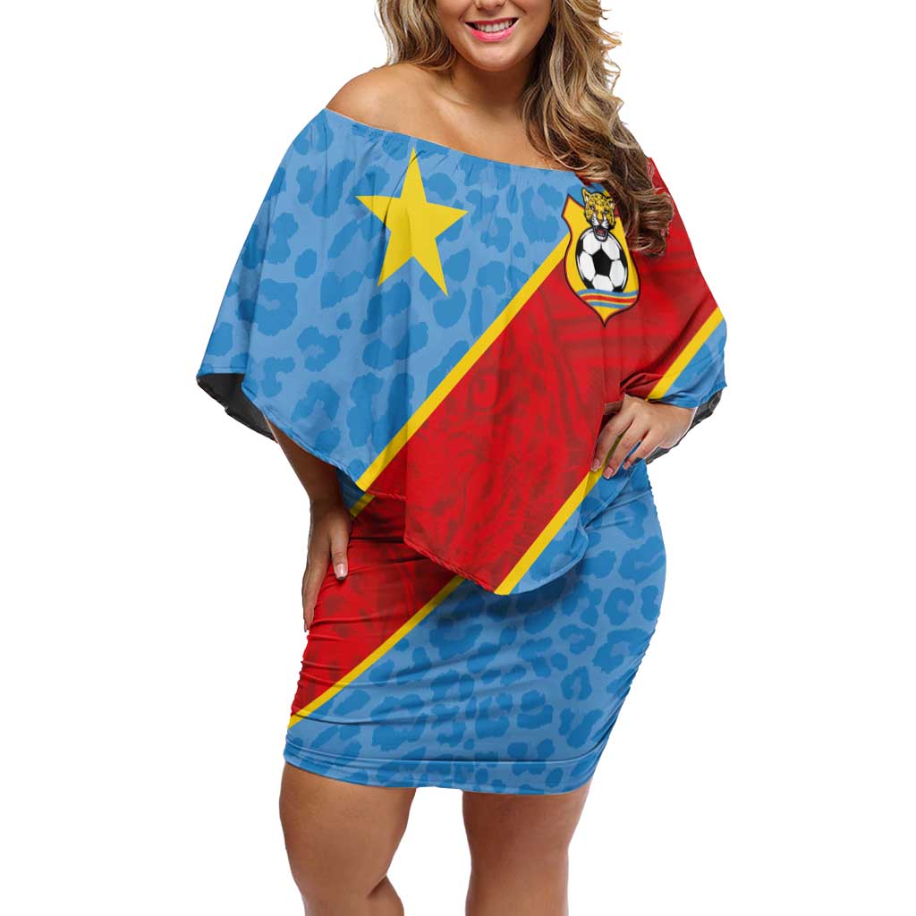 Custom DR Congo National Football Off Shoulder Short Dress Leopards Power - Wonder Print Shop