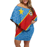 Custom DR Congo National Football Off Shoulder Short Dress Leopards Power - Wonder Print Shop