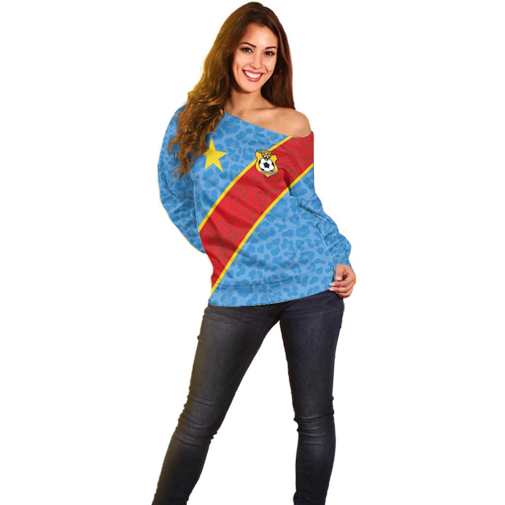 Custom DR Congo National Football Off Shoulder Sweater Leopards Power - Wonder Print Shop