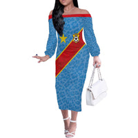 Custom DR Congo National Football Off The Shoulder Long Sleeve Dress Leopards Power - Wonder Print Shop