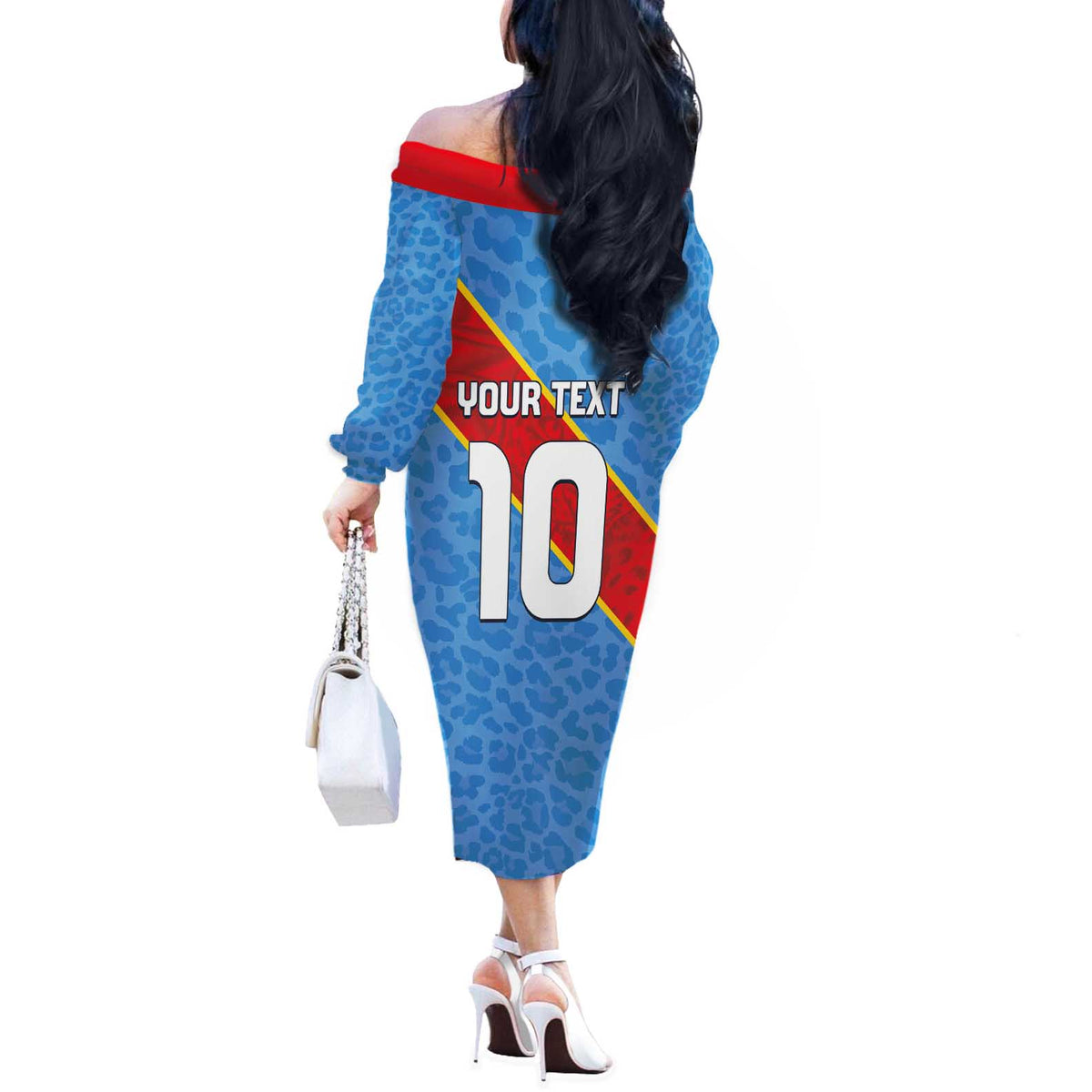 Custom DR Congo National Football Off The Shoulder Long Sleeve Dress Leopards Power - Wonder Print Shop