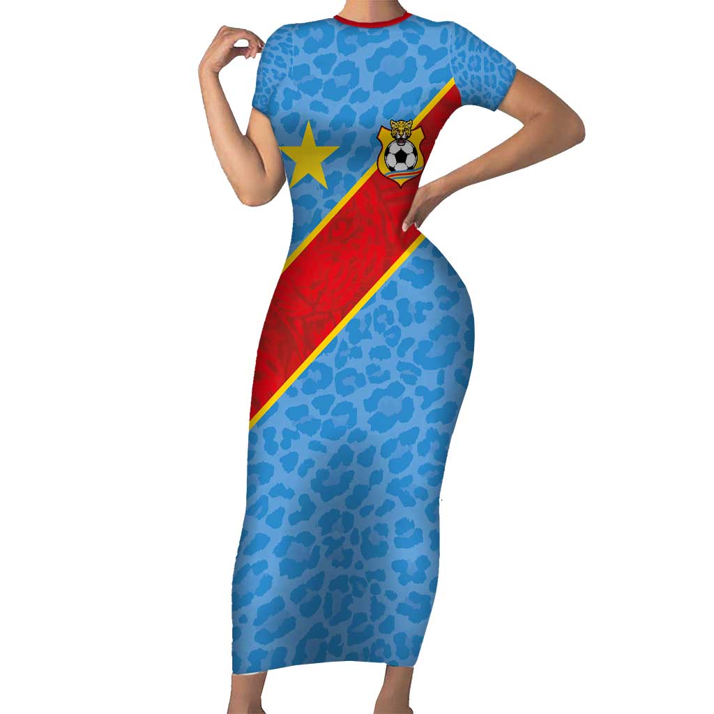 Custom DR Congo National Football Short Sleeve Bodycon Dress Leopards Power - Wonder Print Shop