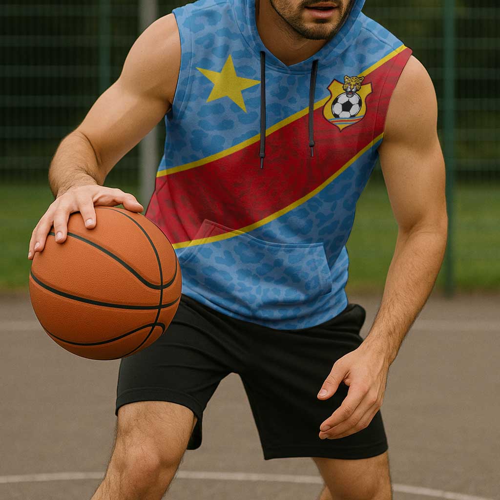 Custom DR Congo National Football Sleeveless Hoodie Leopards Power - Wonder Print Shop