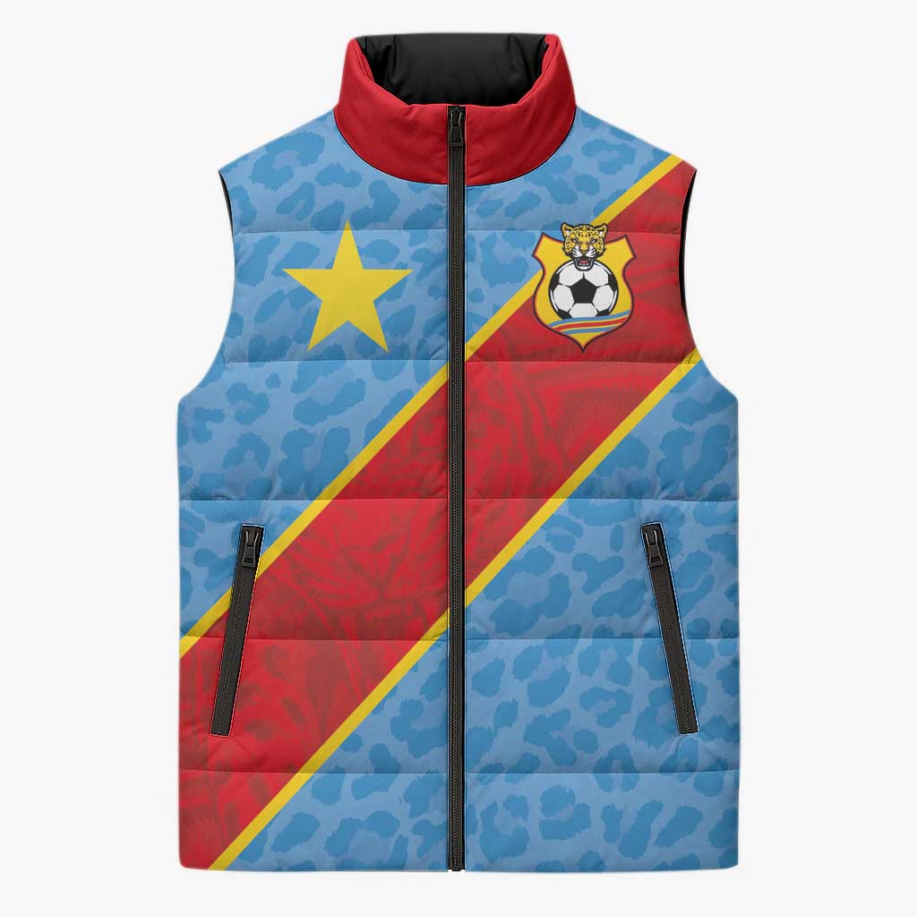 Custom DR Congo National Football Sleeveless Puffer Jacket Leopards Power - Wonder Print Shop