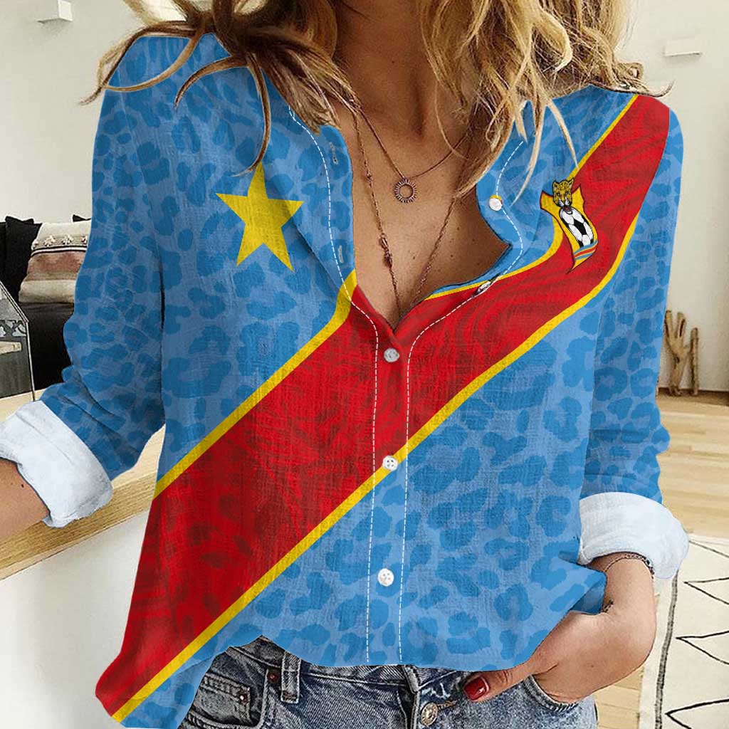 Custom DR Congo National Football Women Casual Shirt Leopards Power - Wonder Print Shop