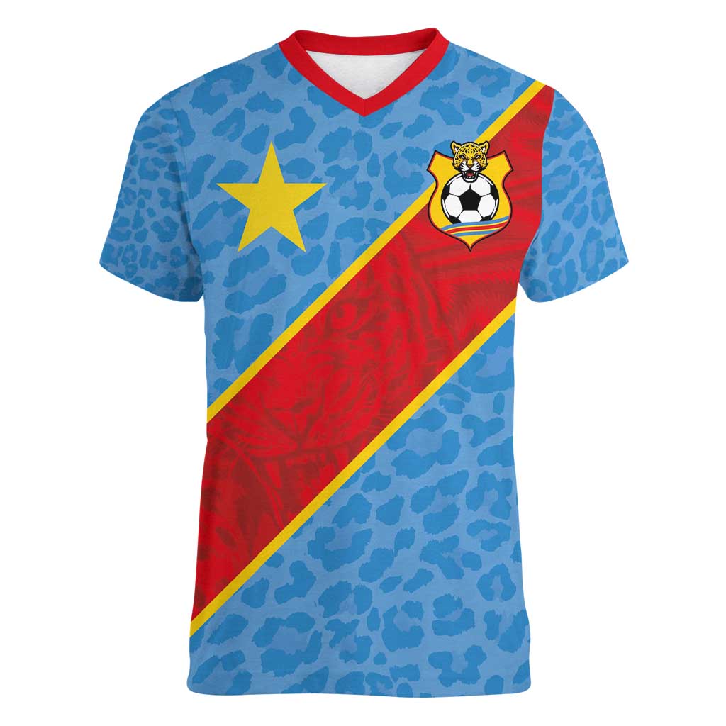 Custom DR Congo National Football Women V-Neck T-Shirt Leopards Power - Wonder Print Shop