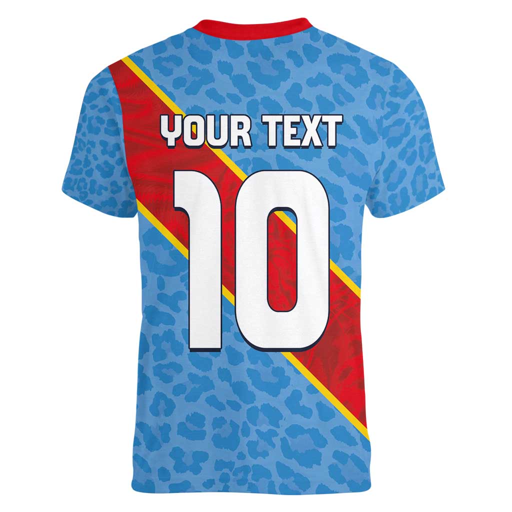 Custom DR Congo National Football Women V-Neck T-Shirt Leopards Power - Wonder Print Shop