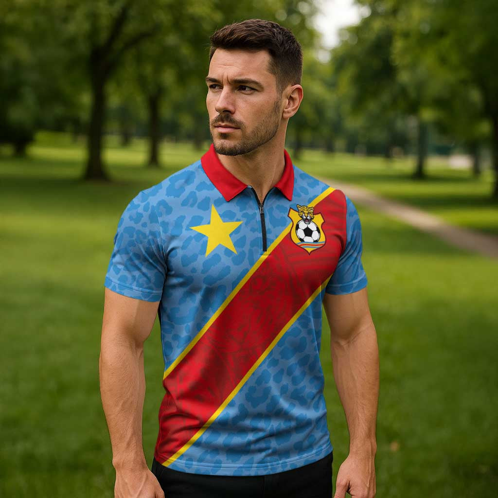 Custom DR Congo National Football Zipper Polo Shirt Leopards Power - Wonder Print Shop