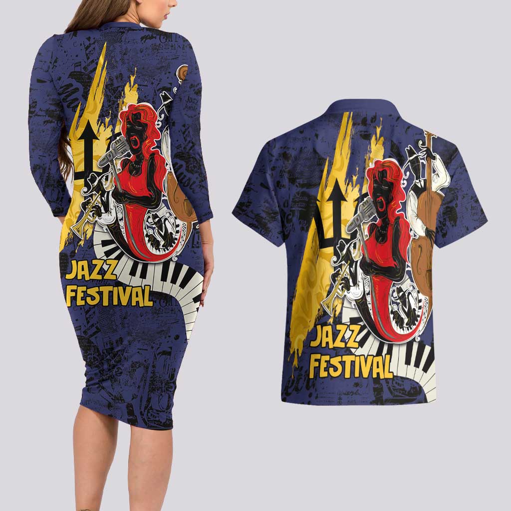 Barbados Jazz Festival - Abstract Jazz Art Couples Matching Long Sleeve Bodycon Dress and Hawaiian Shirt