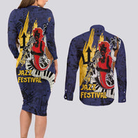 Barbados Jazz Festival - Abstract Jazz Art Couples Matching Long Sleeve Bodycon Dress and Long Sleeve Button Shirt