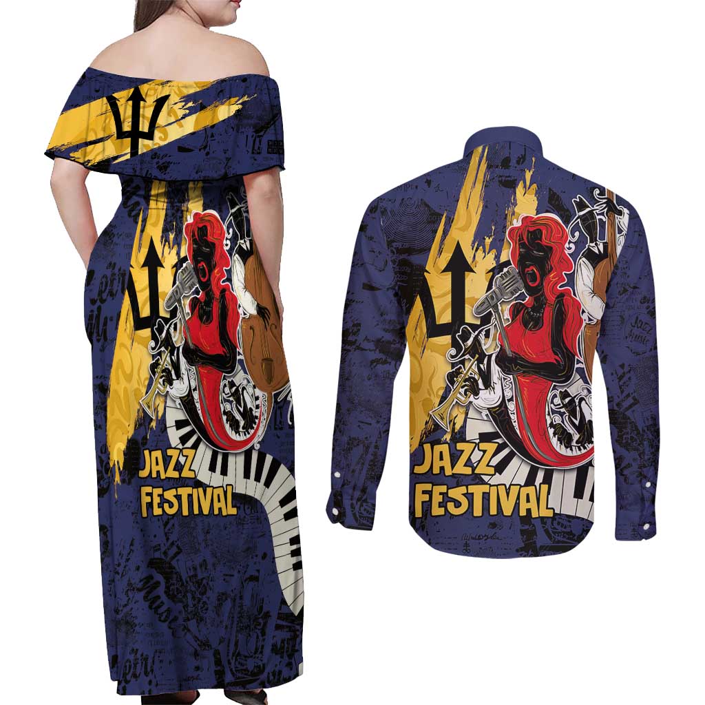 Barbados Jazz Festival - Abstract Jazz Art Couples Matching Off Shoulder Maxi Dress and Long Sleeve Button Shirt