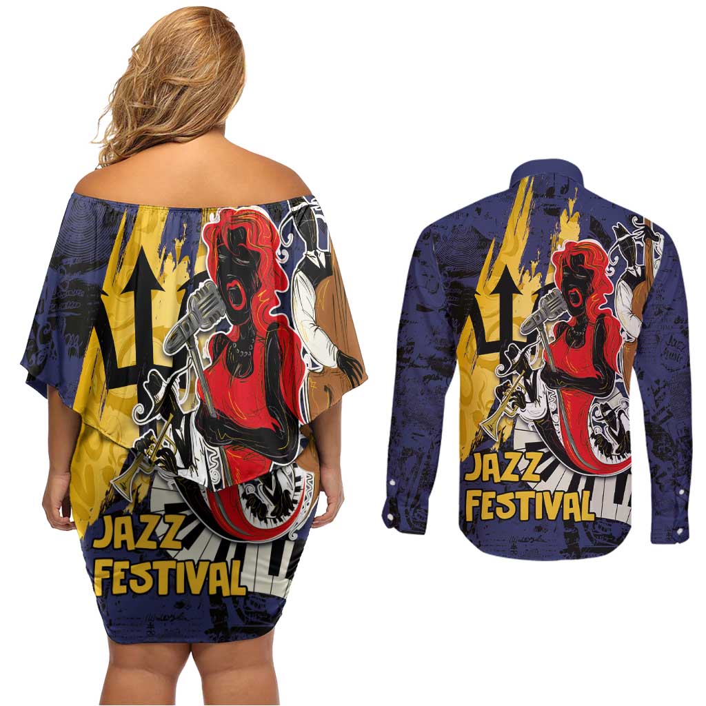 Barbados Jazz Festival - Abstract Jazz Art Couples Matching Off Shoulder Short Dress and Long Sleeve Button Shirt