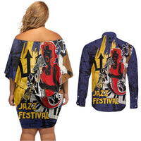 Barbados Jazz Festival - Abstract Jazz Art Couples Matching Off Shoulder Short Dress and Long Sleeve Button Shirt