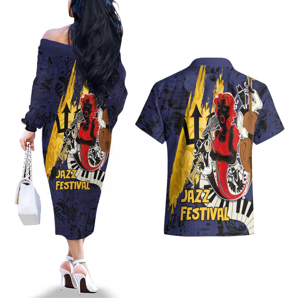 Barbados Jazz Festival - Abstract Jazz Art Couples Matching Off The Shoulder Long Sleeve Dress and Hawaiian Shirt