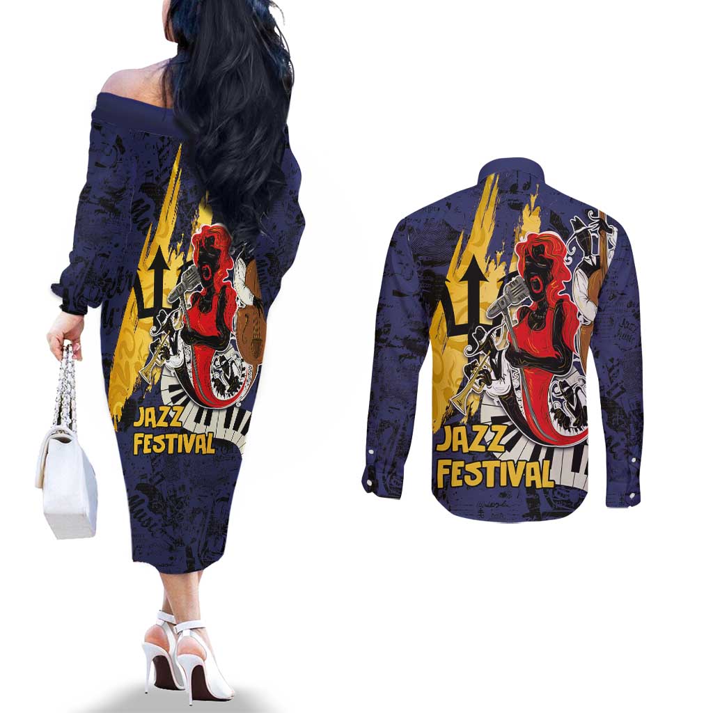 Barbados Jazz Festival - Abstract Jazz Art Couples Matching Off The Shoulder Long Sleeve Dress and Long Sleeve Button Shirt