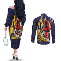 Barbados Jazz Festival - Abstract Jazz Art Couples Matching Off The Shoulder Long Sleeve Dress and Long Sleeve Button Shirt