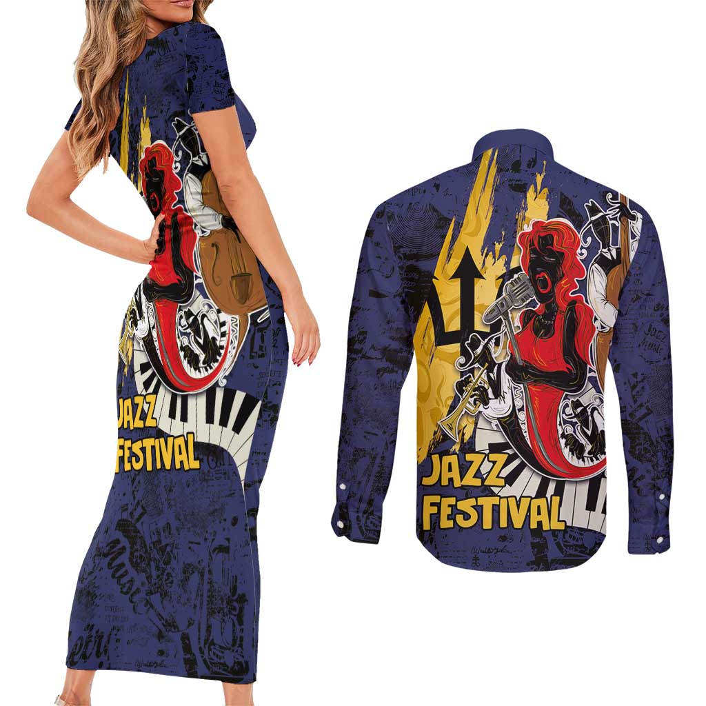 Barbados Jazz Festival - Abstract Jazz Art Couples Matching Short Sleeve Bodycon Dress and Long Sleeve Button Shirt