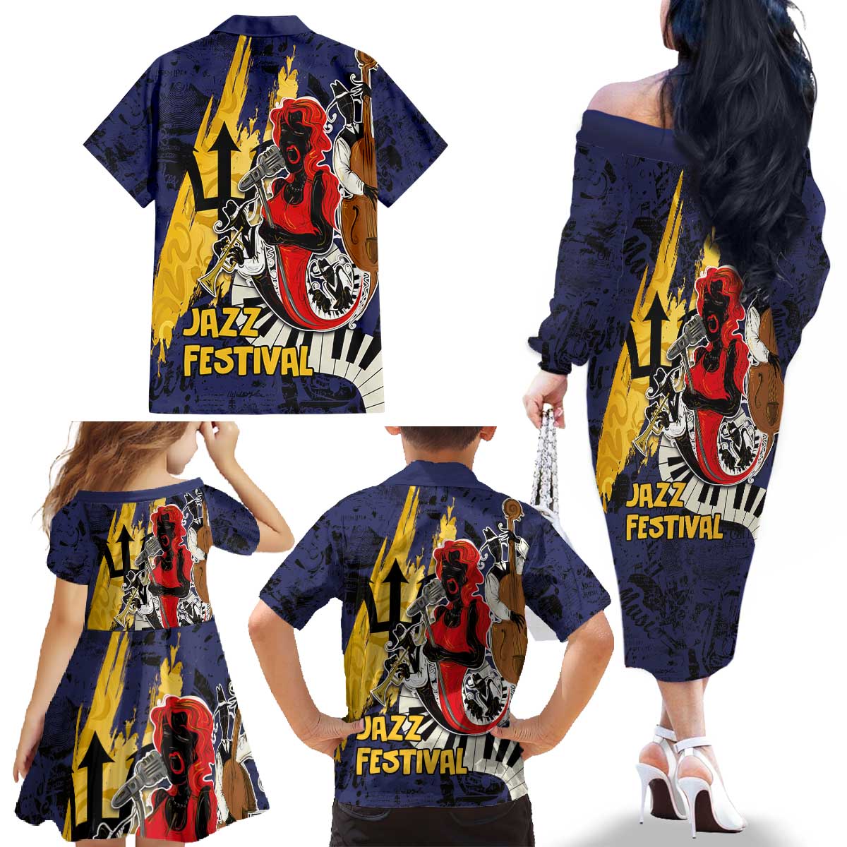 Barbados Jazz Festival - Abstract Jazz Art Family Matching Off The Shoulder Long Sleeve Dress and Hawaiian Shirt