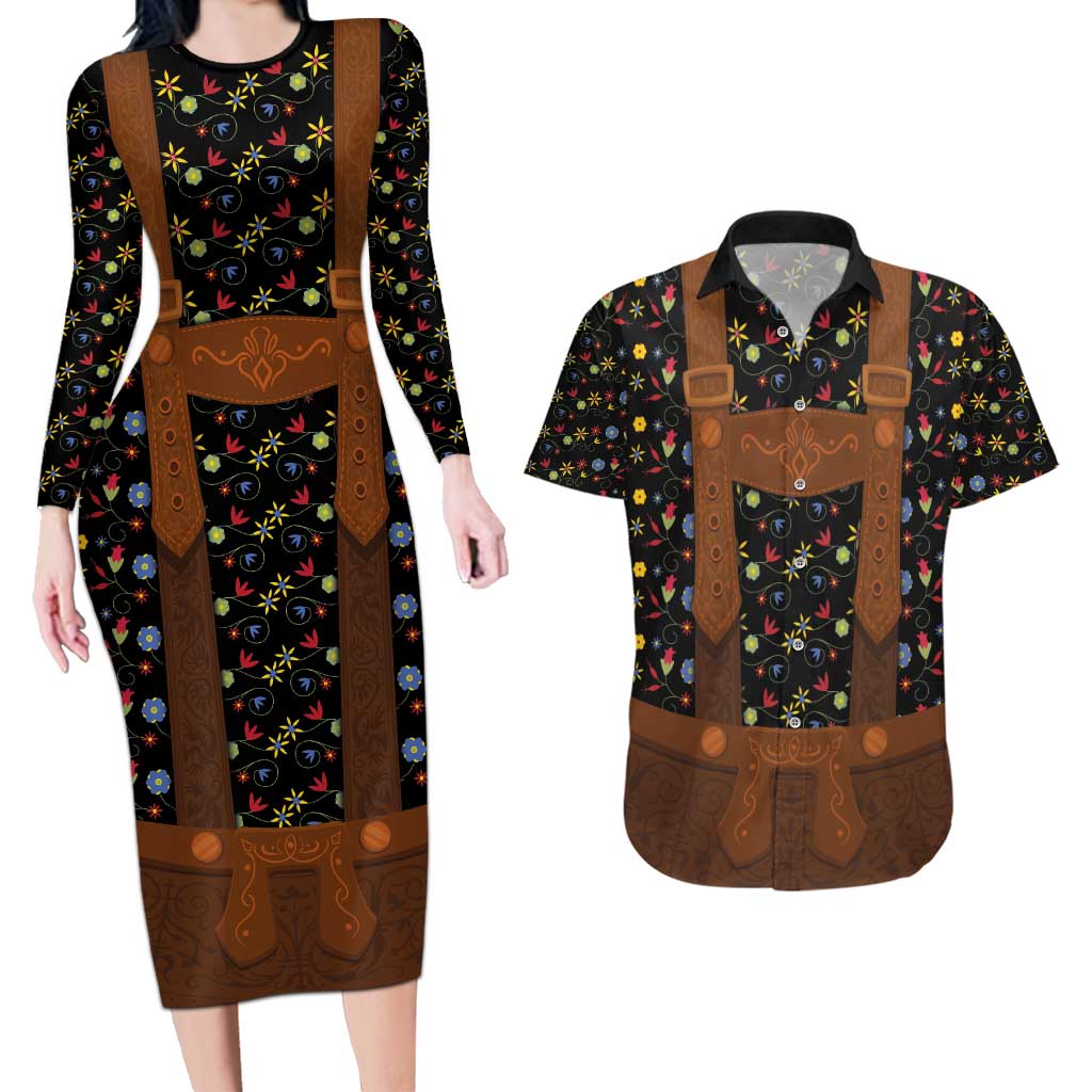 Traditional German Costume - Lederhosen Couples Matching Long Sleeve Bodycon Dress and Hawaiian Shirt Folk Floral Pattern Style