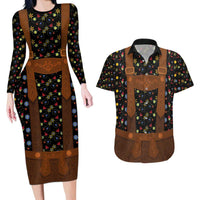 Traditional German Costume - Lederhosen Couples Matching Long Sleeve Bodycon Dress and Hawaiian Shirt Folk Floral Pattern Style