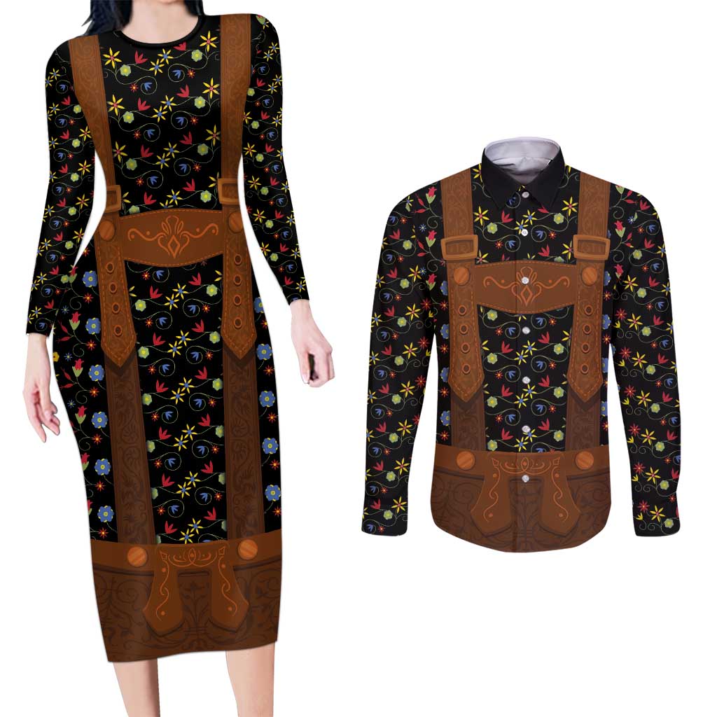 Traditional German Costume - Lederhosen Couples Matching Long Sleeve Bodycon Dress and Long Sleeve Button Shirt Folk Floral Pattern Style