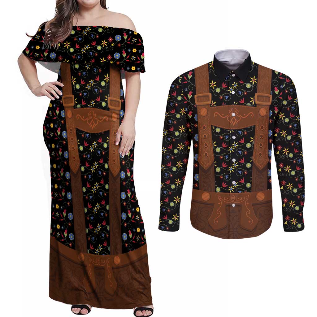 Traditional German Costume - Lederhosen Couples Matching Off Shoulder Maxi Dress and Long Sleeve Button Shirt Folk Floral Pattern Style