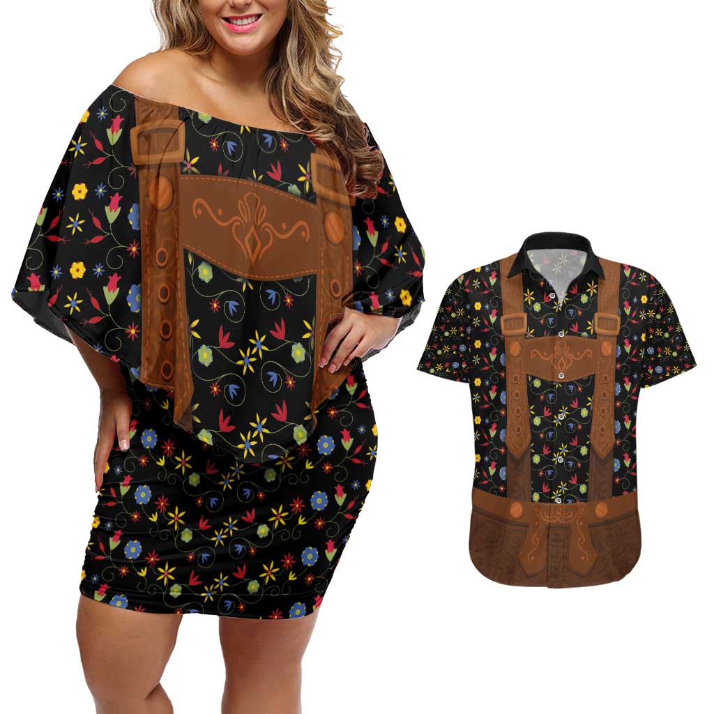 Traditional German Costume - Lederhosen Couples Matching Off Shoulder Short Dress and Hawaiian Shirt Folk Floral Pattern Style