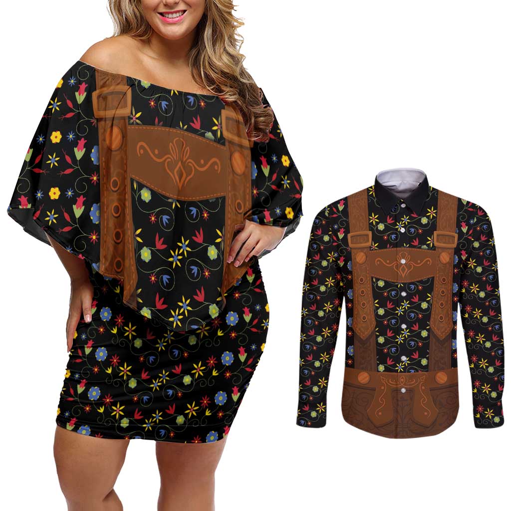 Traditional German Costume - Lederhosen Couples Matching Off Shoulder Short Dress and Long Sleeve Button Shirt Folk Floral Pattern Style