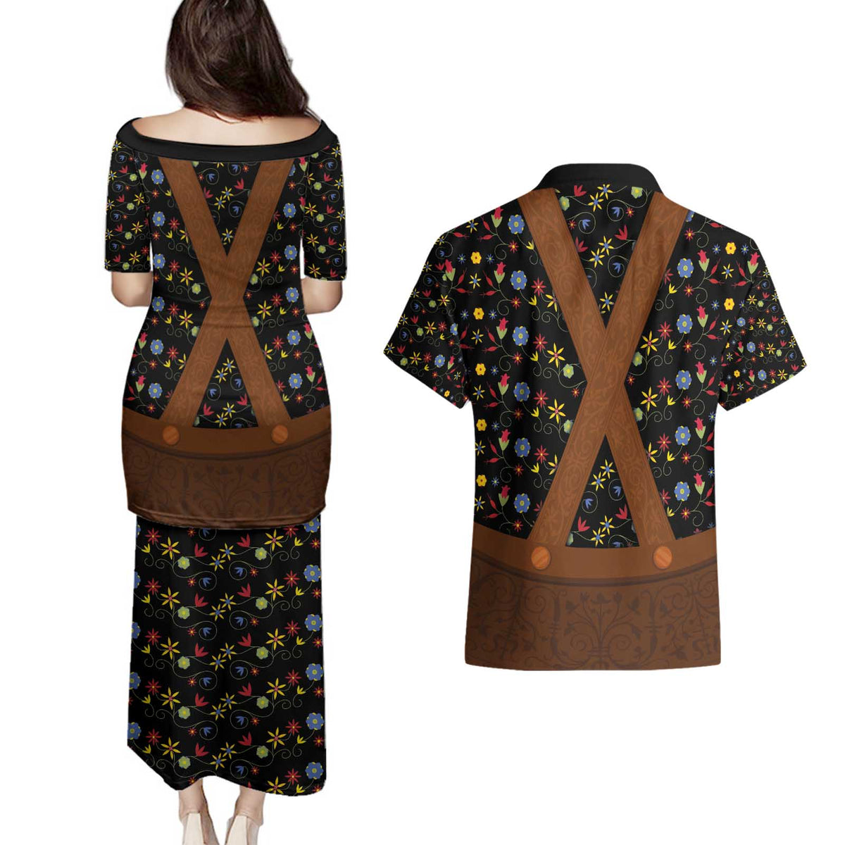Traditional German Costume - Lederhosen Couples Matching Puletasi and Hawaiian Shirt Folk Floral Pattern Style