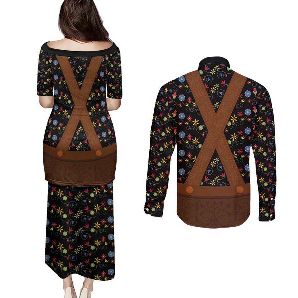 Traditional German Costume - Lederhosen Couples Matching Puletasi and Long Sleeve Button Shirt Folk Floral Pattern Style