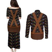 Traditional German Costume - Lederhosen Couples Matching Puletasi and Long Sleeve Button Shirt Folk Floral Pattern Style