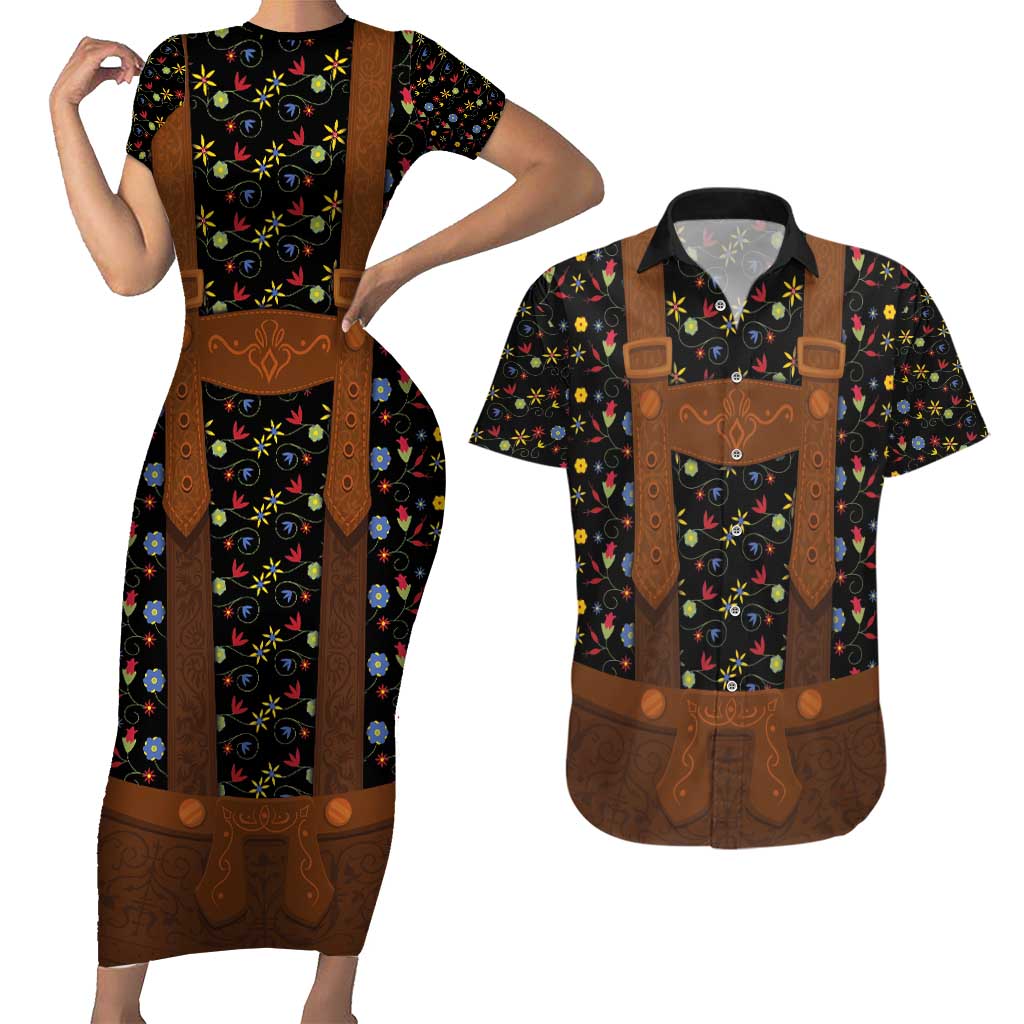 Traditional German Costume - Lederhosen Couples Matching Short Sleeve Bodycon Dress and Hawaiian Shirt Folk Floral Pattern Style